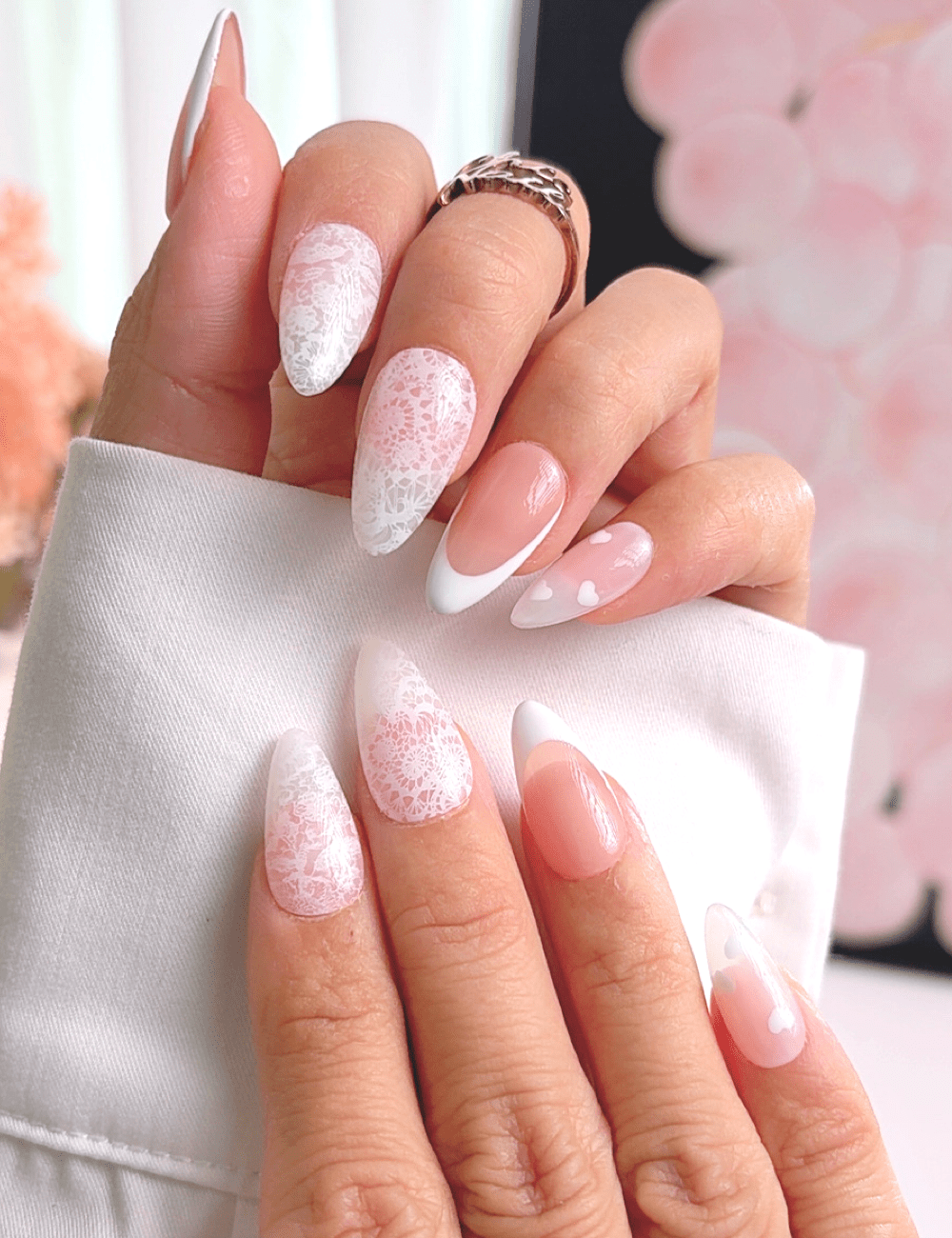 Glossy Pink Lace and Hearts French Tips — Lace Nails