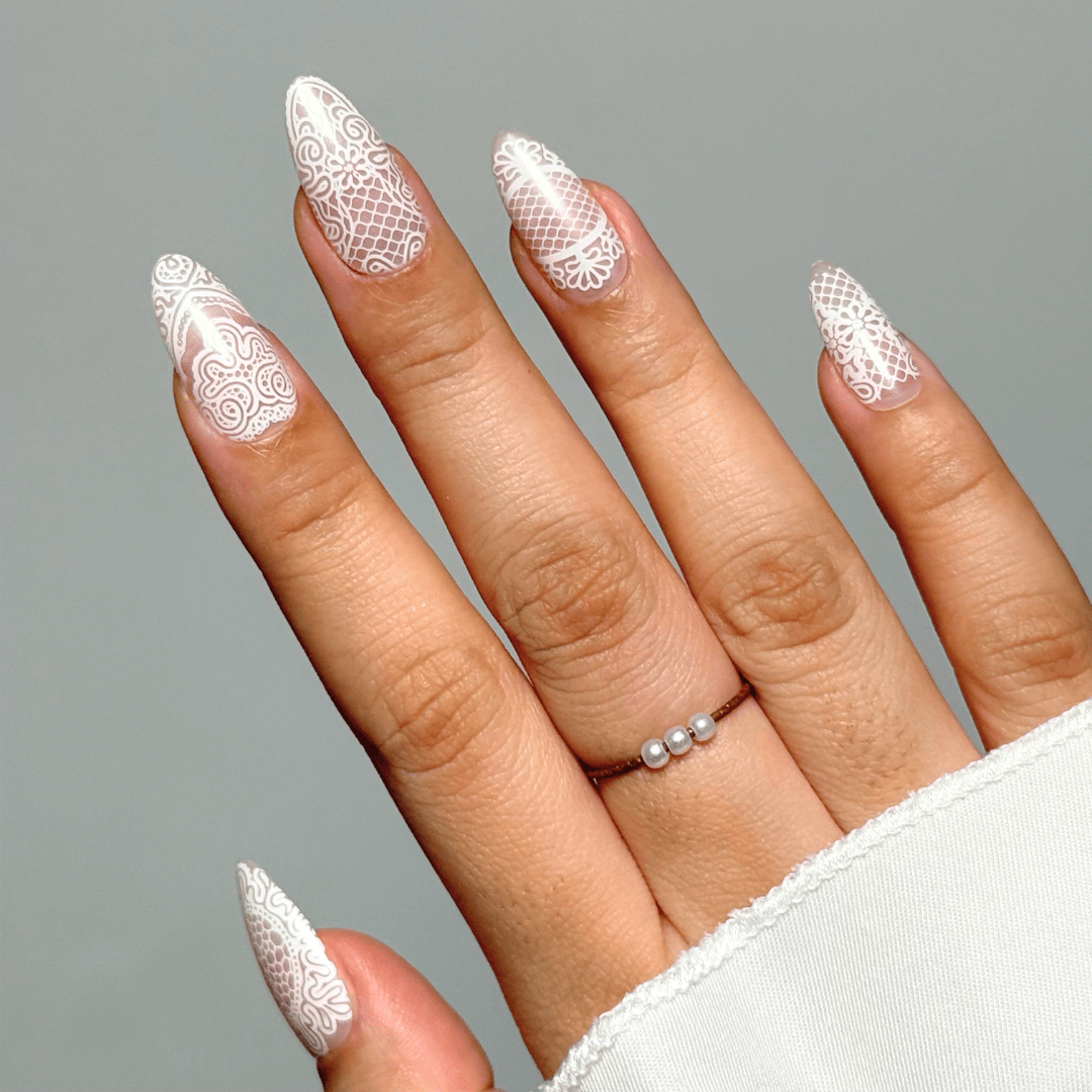 White Lace French Tip Almonds — Lace Nails