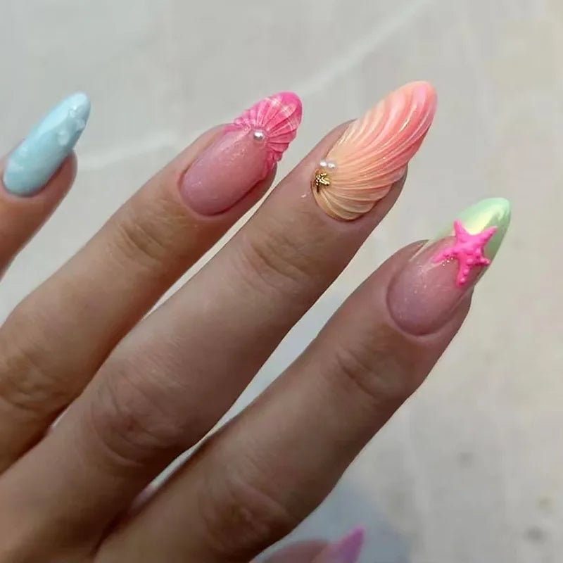 Long Almond 3D Ocean-Inspired Shells and Starfish Long Almond 3D Ocean-Inspired Shells and Starfish — 3D Nails Art Ideas