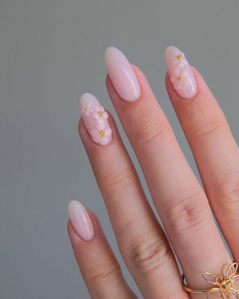 Medium Almond 3D Floral Designs with Gold Studs Medium Almond 3D Floral Designs with Gold Studs — 3D Nails Art Ideas