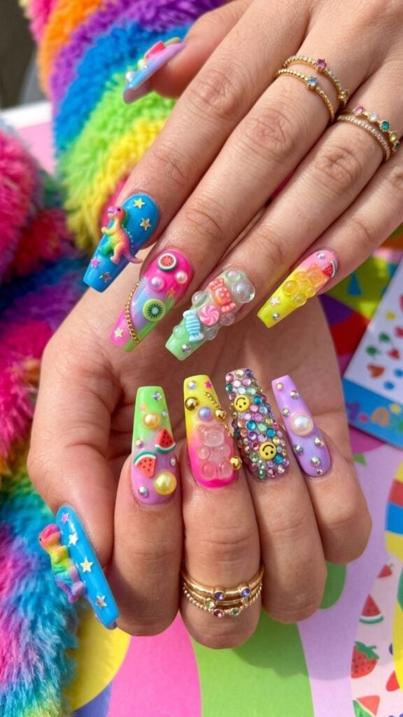 Long Coffin 3D Candy, Fruit, and Charm Nails Long Coffin 3D Candy, Fruit, and Charm Nails — 3D Nails Art Ideas