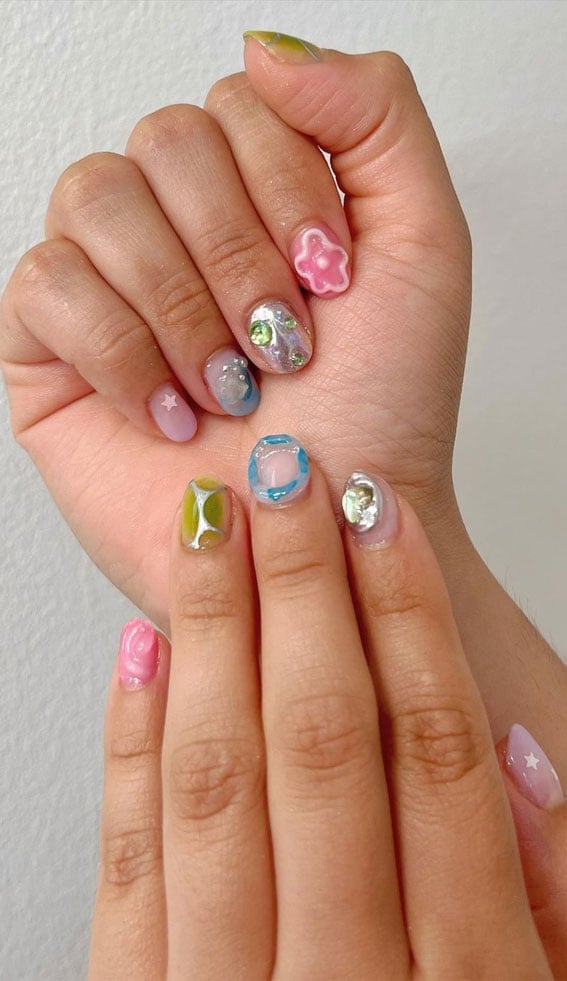 Short Oval 3D Charms and Gems on Neutral Base Short Oval 3D Charms and Gems on Neutral Base — 3D Nails Art Ideas