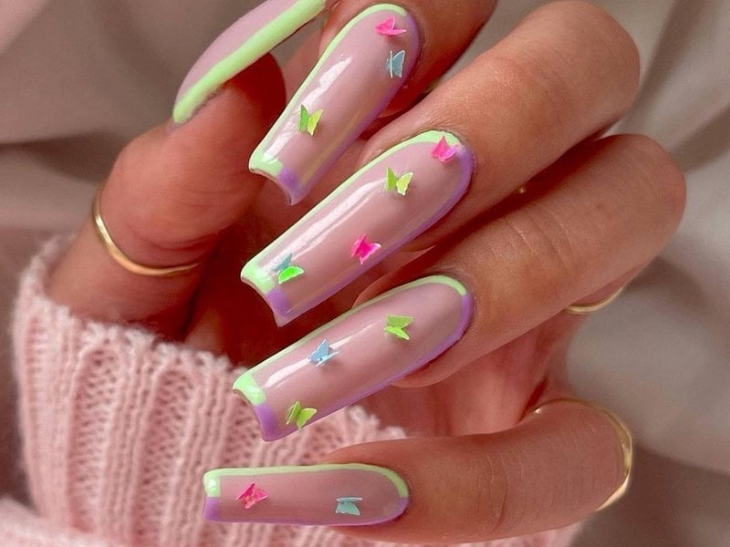 Long Coffin 3D Butterflies on Neon French Tips Long Coffin 3D Butterflies on Neon French Tips — 3D Nails Art Ideas