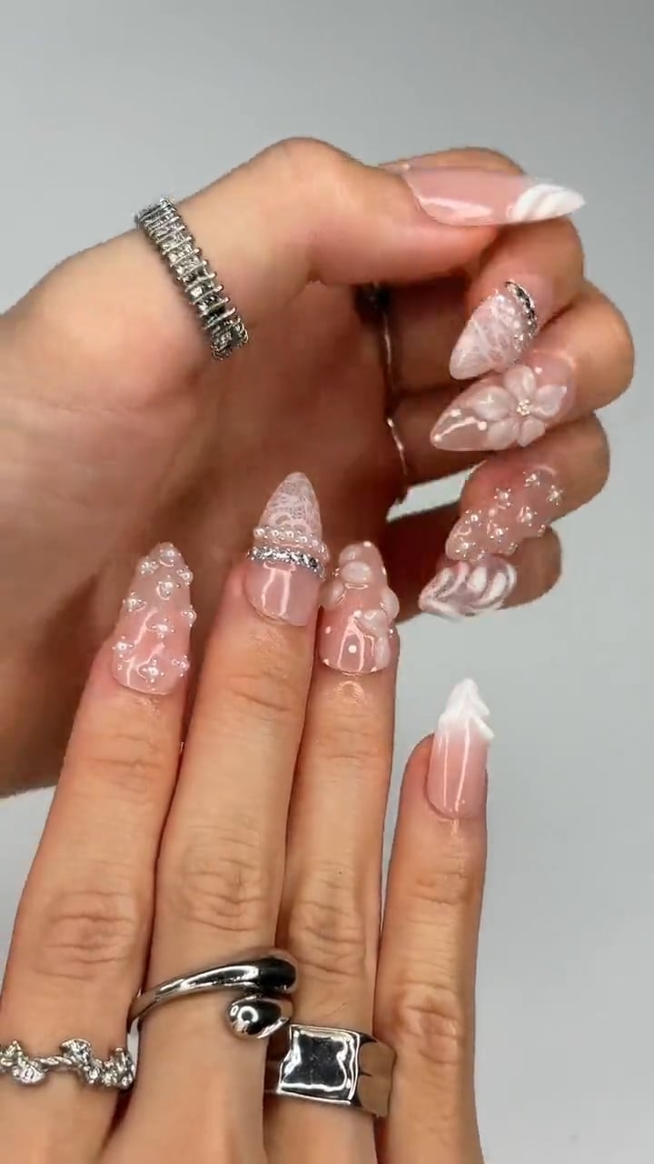 Long Coffin 3D Pearls, Flowers, and Lace Details Long Coffin 3D Pearls, Flowers, and Lace Details — 3D Nails Art Ideas
