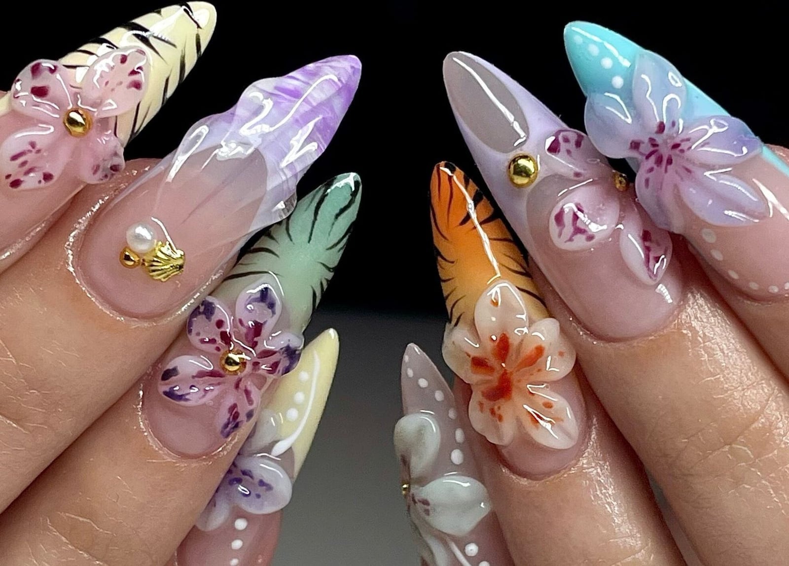 3D Floral Embellishments on Long Stiletto Nails, Including Pink 3D Floral Embellishments on Long Stiletto Nails, Including Pink — 3D Nails Art Ideas