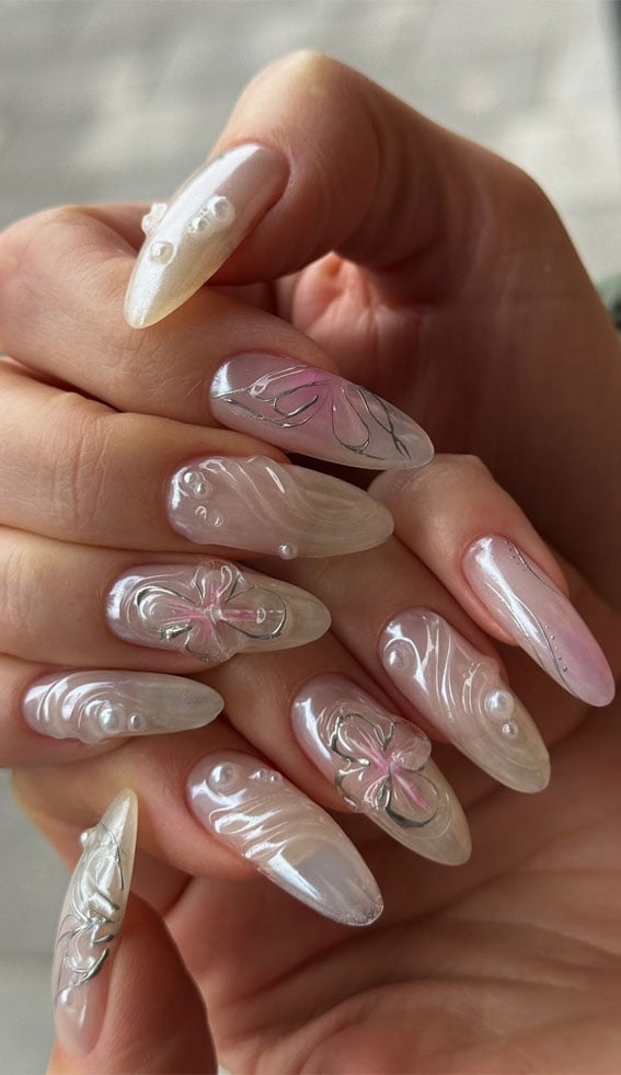 Medium Oval Pearlescent 3D Floral and Wave Nails Medium Oval Pearlescent 3D Floral and Wave Nails — 3D Nails Art Ideas