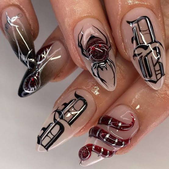Medium Almond 3D Gothic Spider and Snake Nails Medium Almond 3D Gothic Spider and Snake Nails — 3D Nails Art Ideas
