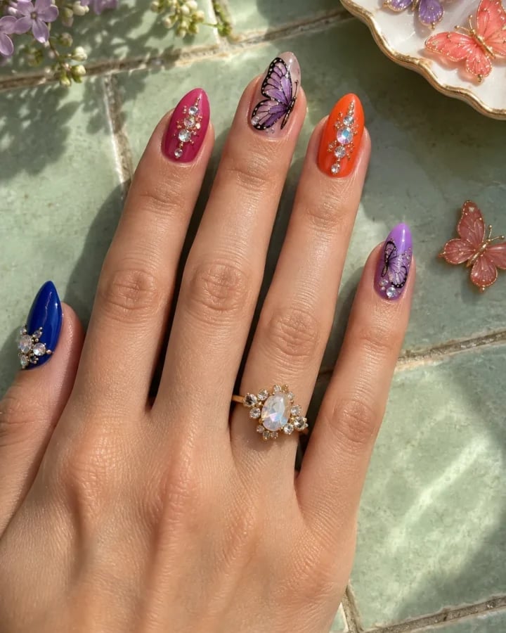 Medium Oval Vibrant Butterfly and Rhinestone Nails Medium Oval Vibrant Butterfly and Rhinestone Nails — 3D Nails Art Ideas