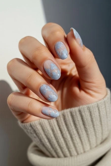 Matte Blue Tone-on-Tone Lace — Lace Nails