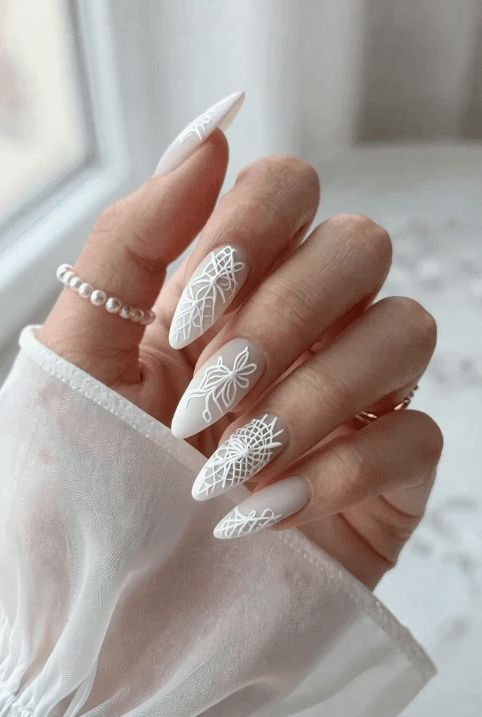 Matte White Lace Almonds with Glitter — Lace Nails
