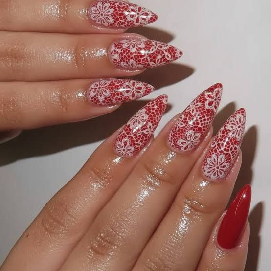 Vibrant Red White Lace Stilettos — Lace Nails