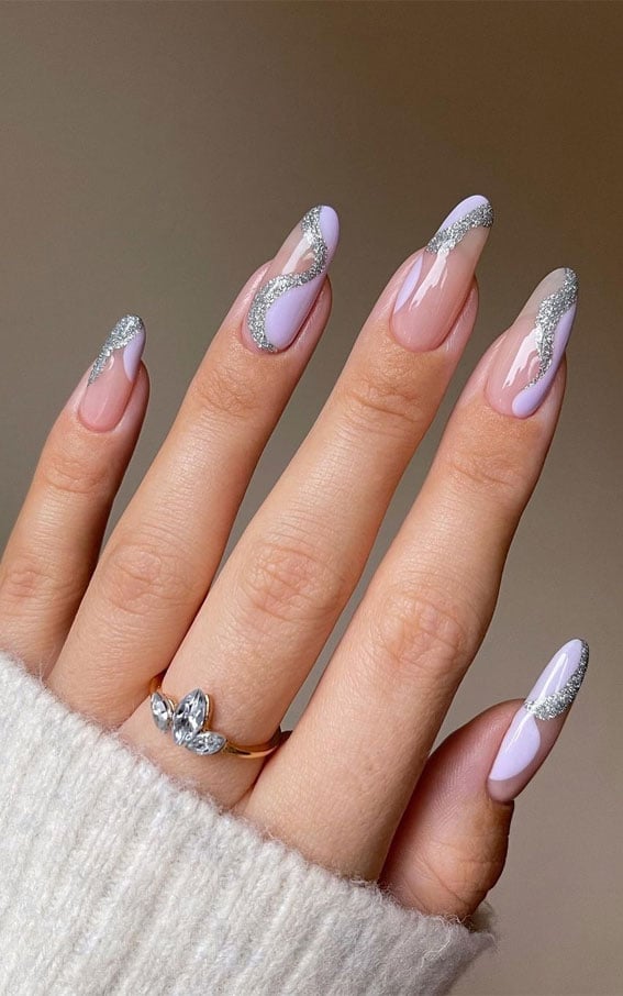 Medium Almond Wavy Lavender Glitter French Medium Almond Wavy Lavender Glitter French — Acrylic Nails Almond Ideas