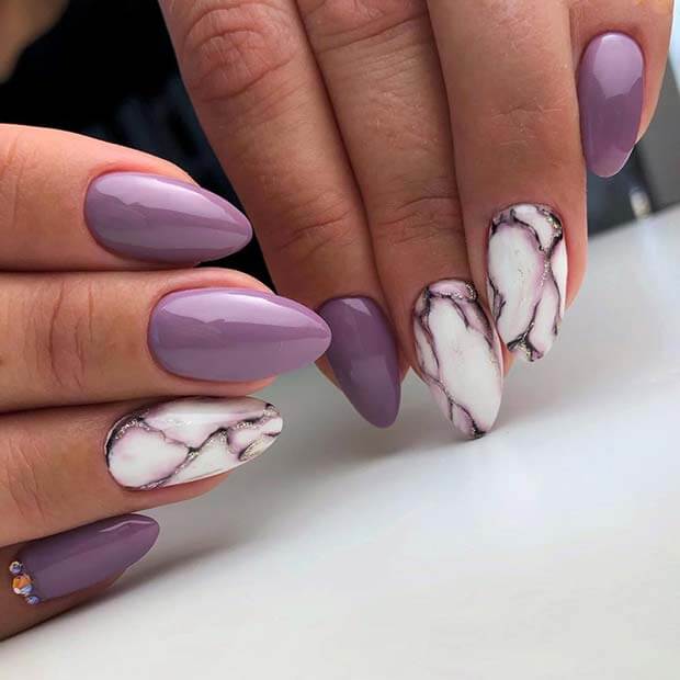 Medium Almond Lavender Marble Silver Veins Medium Almond Lavender Marble Silver Veins — Acrylic Nails Almond Ideas