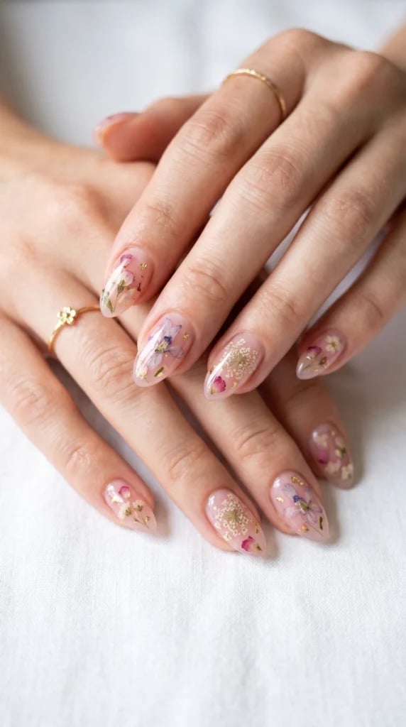 Medium Almond Milky Pink Pressed Flowers Gold Medium Almond Milky Pink Pressed Flowers Gold — Acrylic Nails Almond Ideas