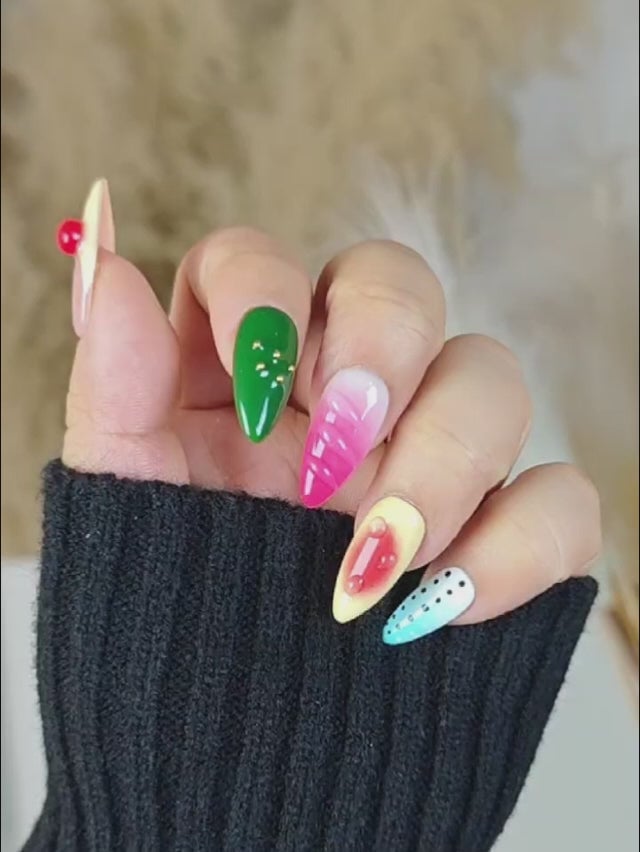 Medium Almond Multi-Design Summer Nails Medium Almond Multi-Design Summer Nails — Acrylic Nails Almond Ideas