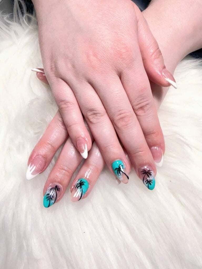 Long Almond Turquoise Palm Tree French Long Almond Turquoise Palm Tree French — Acrylic Nails Almond Ideas