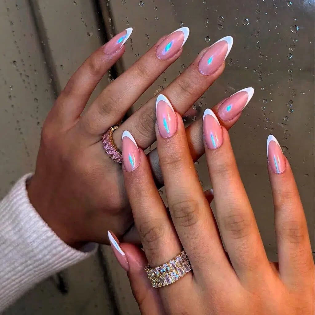 Long Almond French Nails with Iridescent Foil Long Almond French Nails with Iridescent Foil — Acrylic Nails Almond Ideas