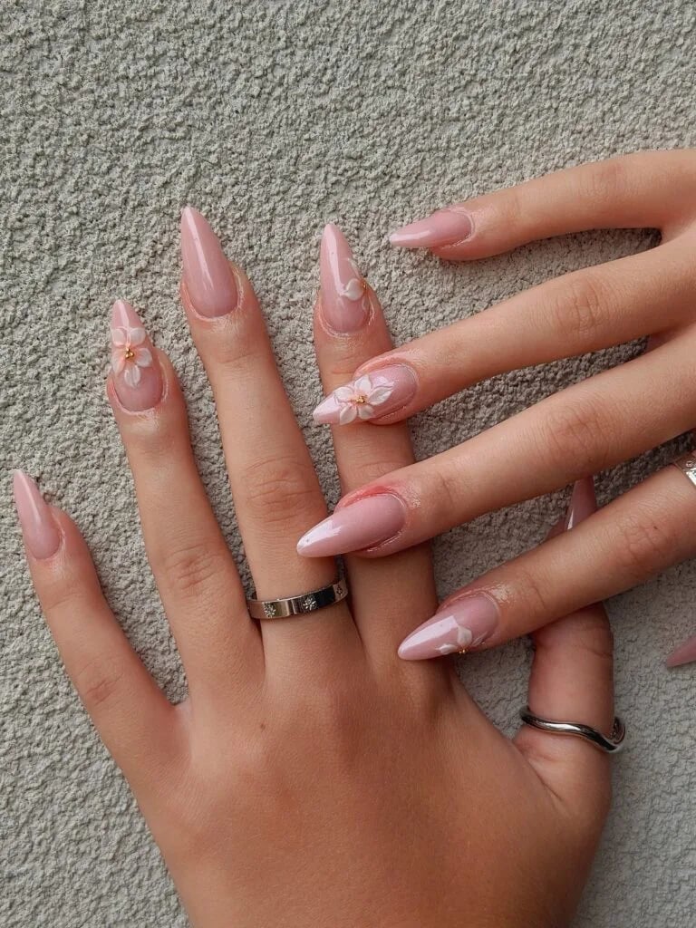 Long Almond Milky Pink 3D Flower Nails Long Almond Milky Pink 3D Flower Nails — Acrylic Nails Almond Ideas