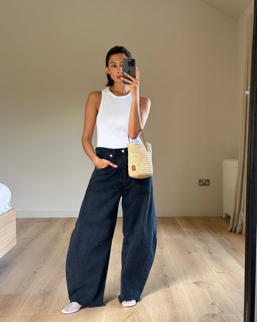 Black Barrel Jeans With White Tank Top Black Barrel Jeans With White Tank Top — Aesthetic Black Barrel Jeans Outfit