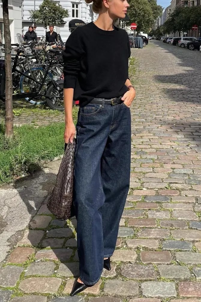 Dark Wash Barrel Jeans With Crewneck Sweater and Wide Leg Dark Wash Barrel Jeans With Crewneck Sweater and Wide Leg — Aesthetic Black Barrel Jeans Outfit