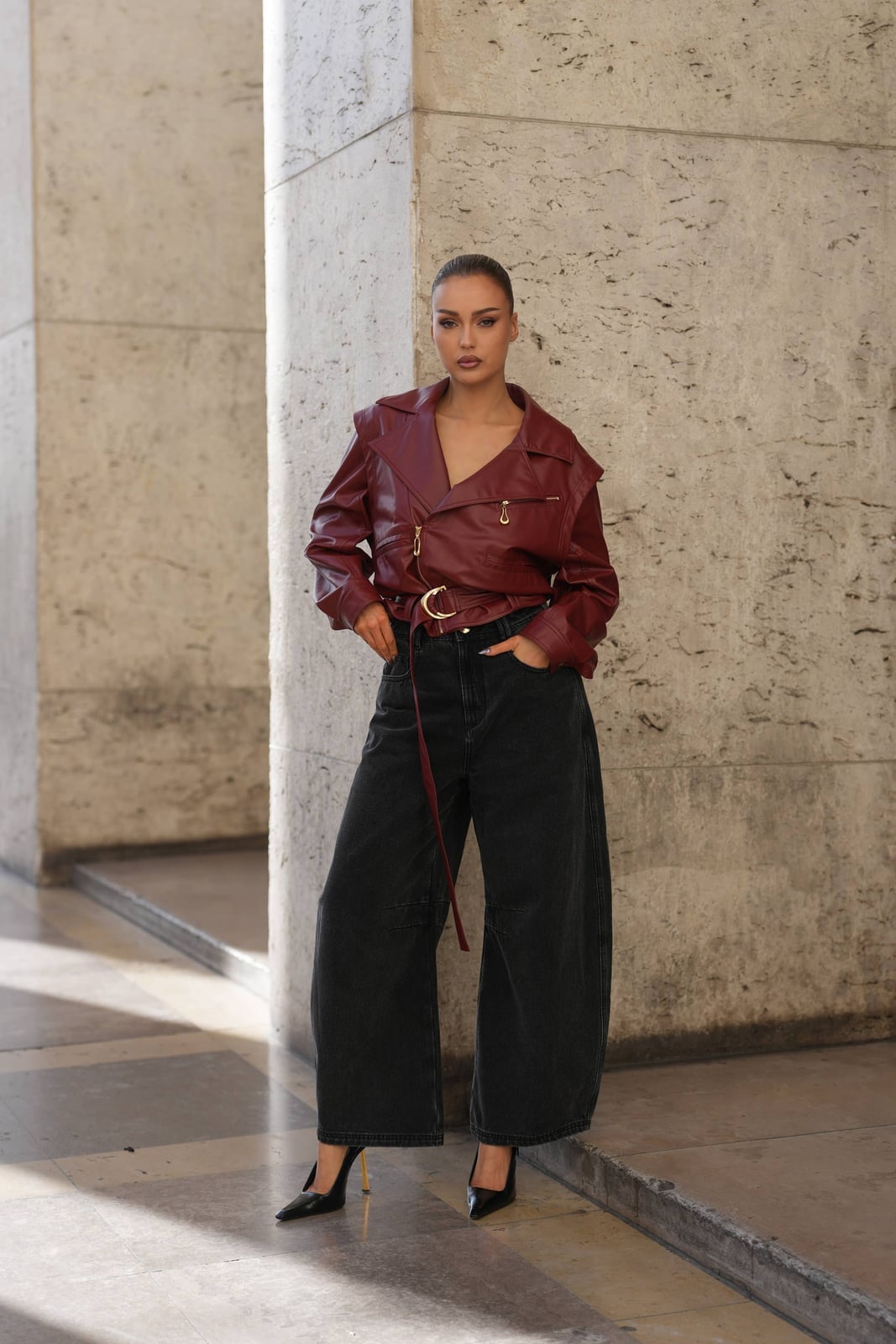 Black Barrel Jeans With Burgundy Jacket Black Barrel Jeans With Burgundy Jacket — Aesthetic Black Barrel Jeans Outfit