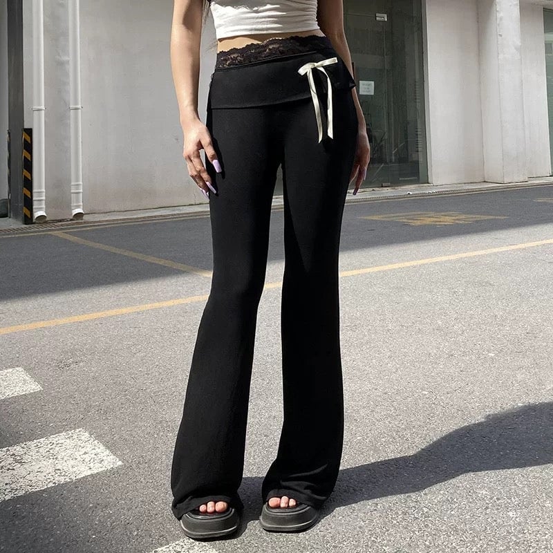 Black Flare Pants with Lace Trim Crop Top Black Flare Pants with Lace Trim Crop Top — Aesthetic Black Flare Leggings Outfit