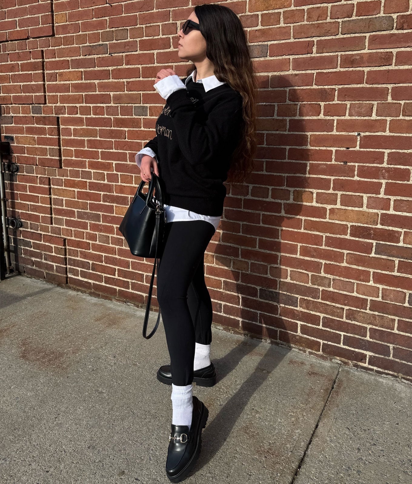 Layered Sweatshirt Over Shirt With Black Leggings Layered Sweatshirt Over Shirt With Black Leggings — Aesthetic Black Leggings Outfit