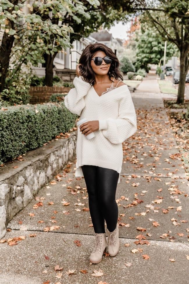 Fall Casual With Oversized Cream Sweater Fall Casual With Oversized Cream Sweater — Aesthetic Black Leggings Outfit
