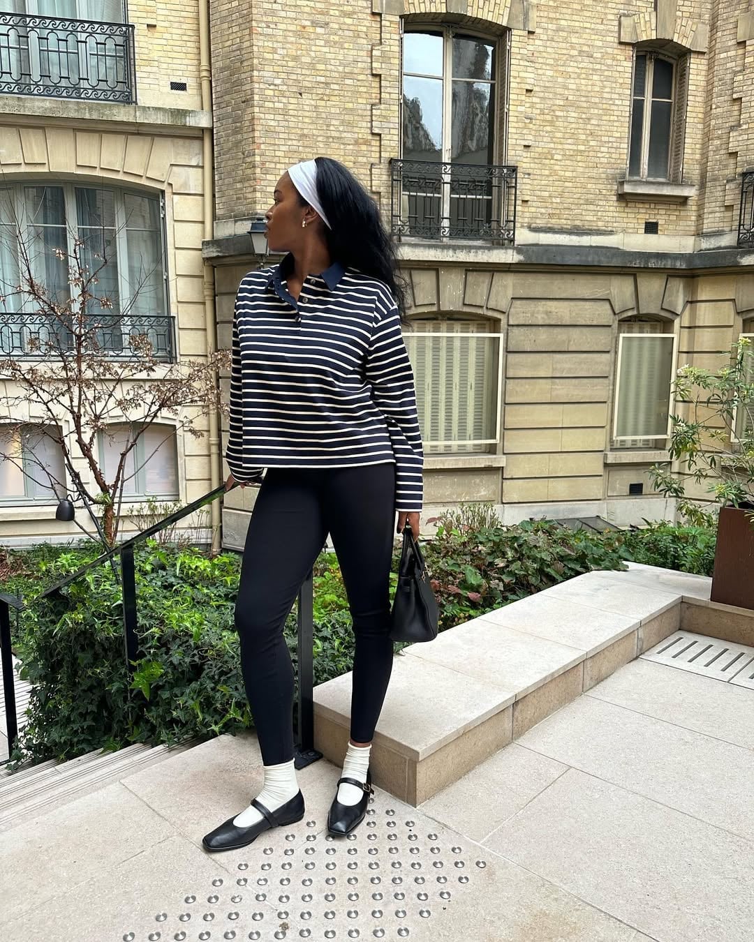 Smart Casual With Striped Polo and Black Leggings Smart Casual With Striped Polo and Black Leggings — Aesthetic Black Leggings Outfit