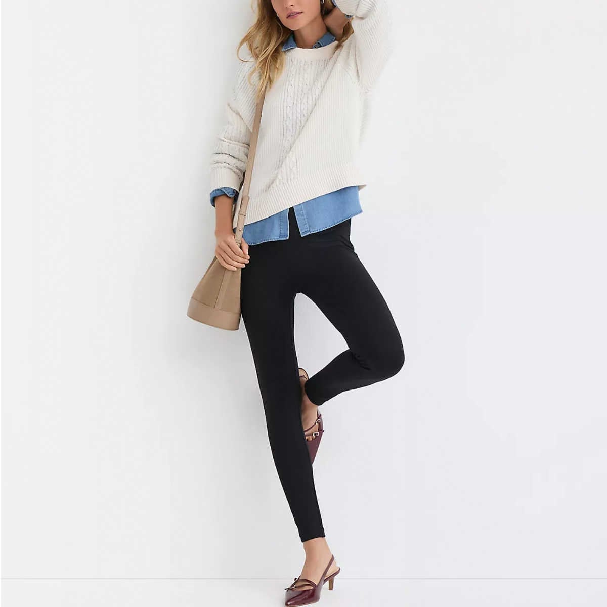 Casual Knit Sweater Over Denim Shirt With Leggings, Close-Up Take Casual Knit Sweater Over Denim Shirt With Leggings, Close-Up Take — Aesthetic Black Leggings Outfit