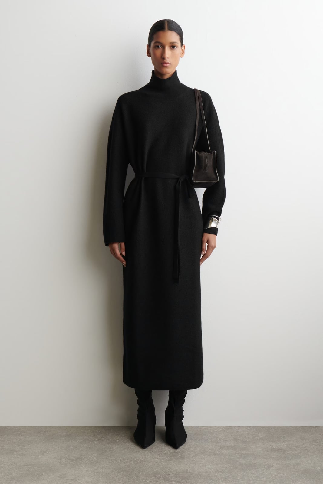 Long Black Turtleneck Sweater Dress with Belt — Aesthetic Black Sweater Outfit