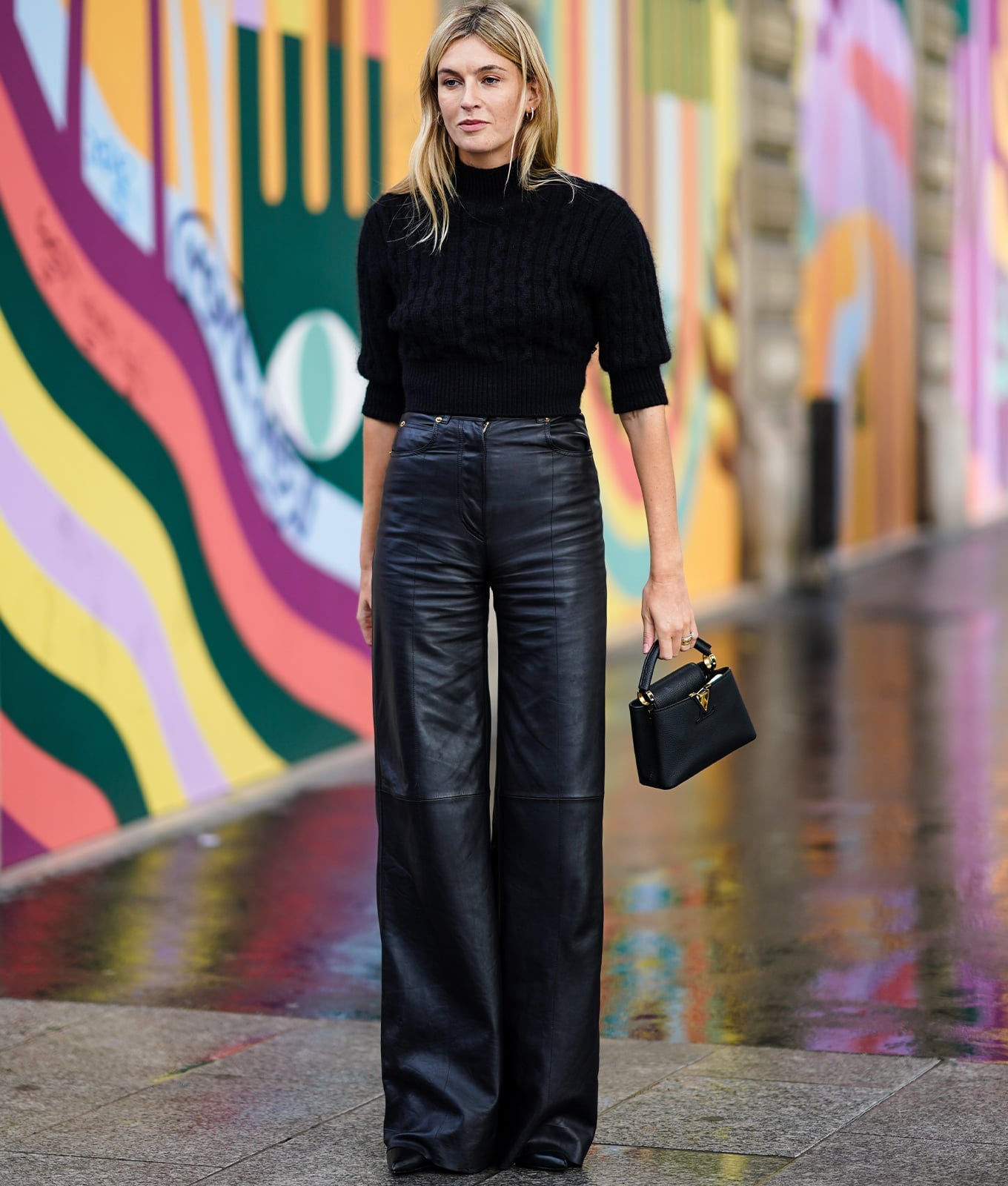 Cropped Black Cable Knit Sweater with Leather Trousers — Aesthetic Black Sweater Outfit