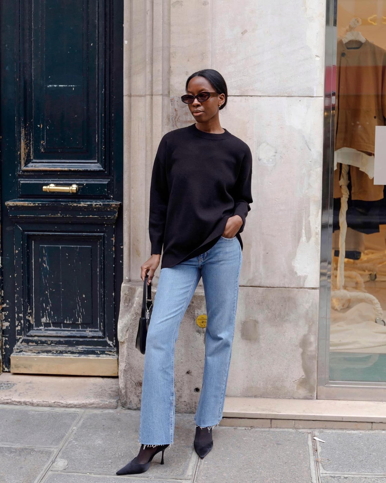 Oversized Black Crewneck Sweater with Wide-Leg Jeans — Aesthetic Black Sweater Outfit
