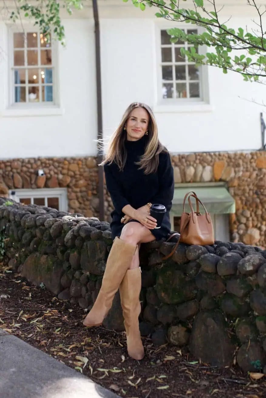 Black Turtleneck Sweater Dress with Tan Boots — Aesthetic Black Sweater Outfit