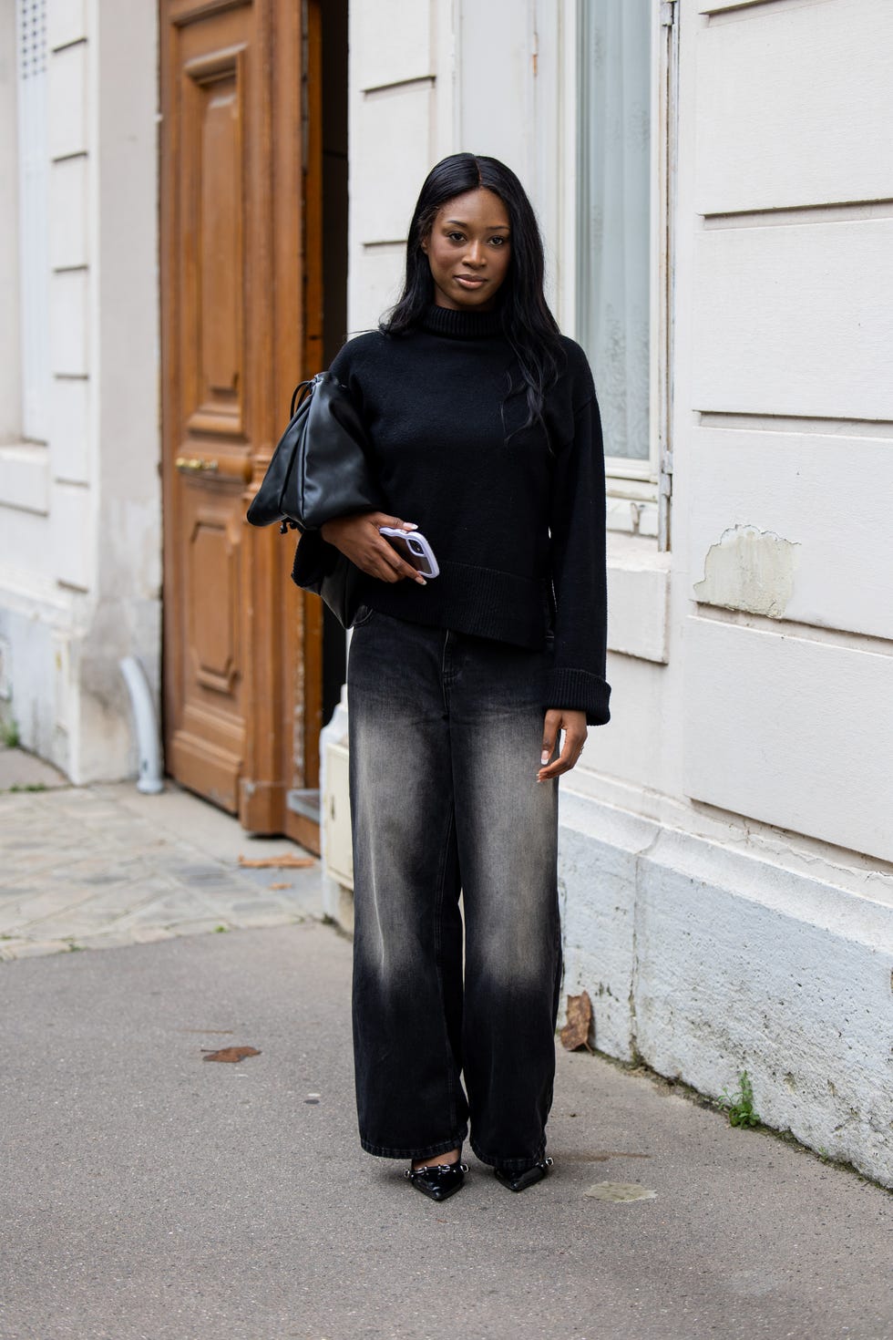 Black Turtleneck Sweater with Ombre Wide-Leg Jeans — Aesthetic Black Sweater Outfit