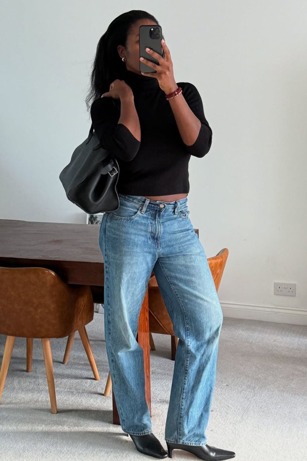 Cropped Black Turtleneck Sweater with Straight-Leg Jeans — Aesthetic Black Sweater Outfit