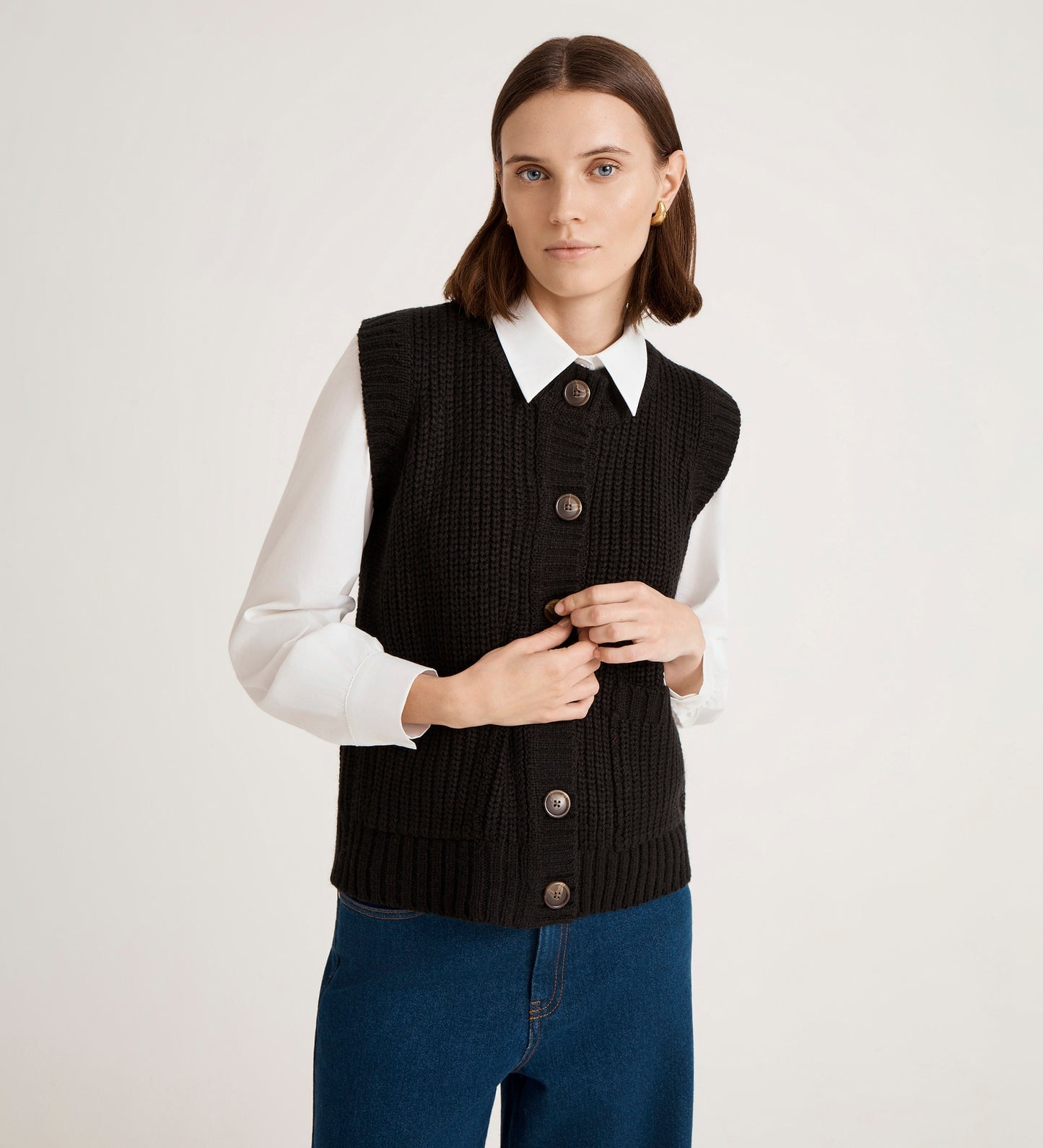 Black Button-Front Sweater Vest Over Collared Shirt — Aesthetic Black Sweater Outfit