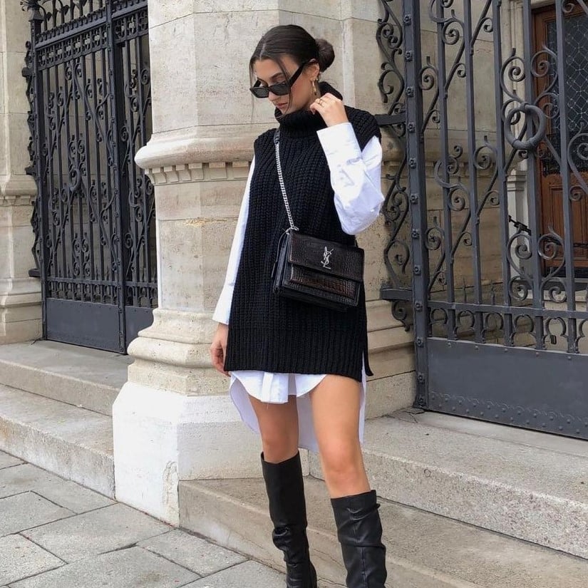 Sleeveless Black Turtleneck Sweater Vest Over White Shirt — Aesthetic Black Sweater Outfit