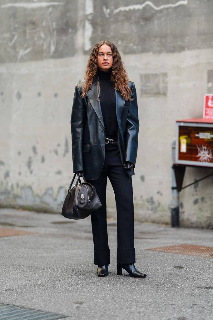 Black Turtleneck Sweater with Leather Blazer and Straight-Leg Pants — Aesthetic Black Sweater Outfit