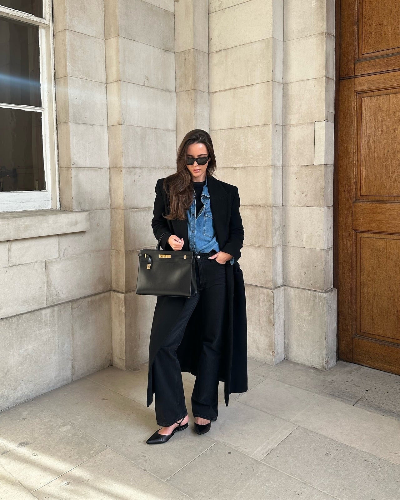 Black Turtleneck with Denim Shirt and Long Black Coat — Aesthetic Black Sweater Outfit