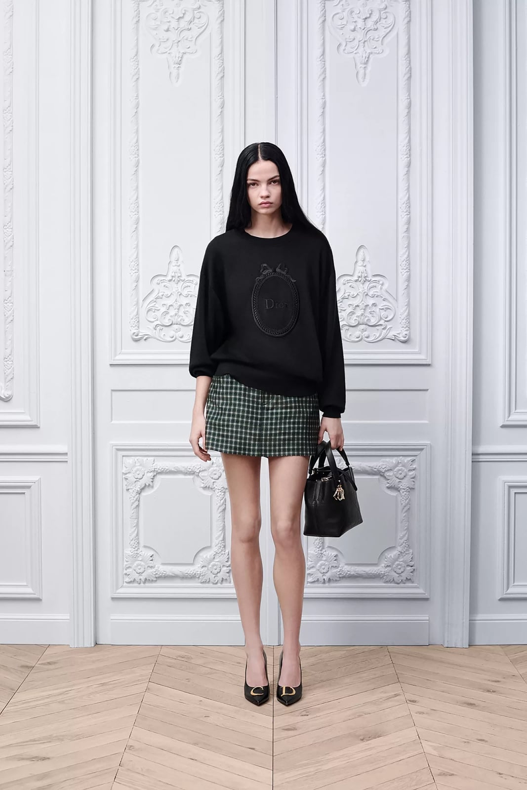 Black Crew Neck Sweater with Plaid Mini Skirt — Aesthetic Black Sweater Outfit