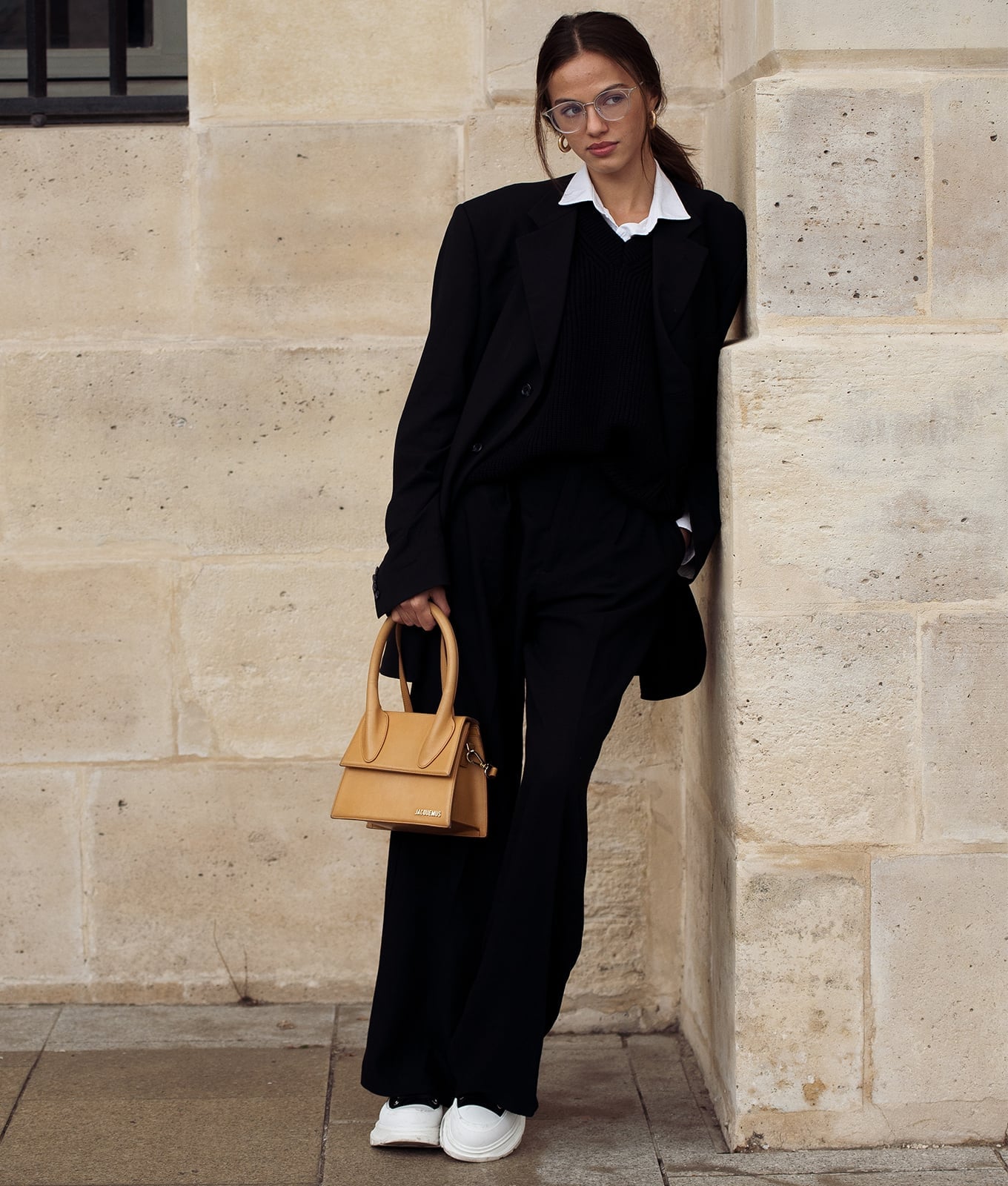 Black Sweater with Oversized Blazer and Wide-Leg Trousers — Aesthetic Black Sweater Outfit
