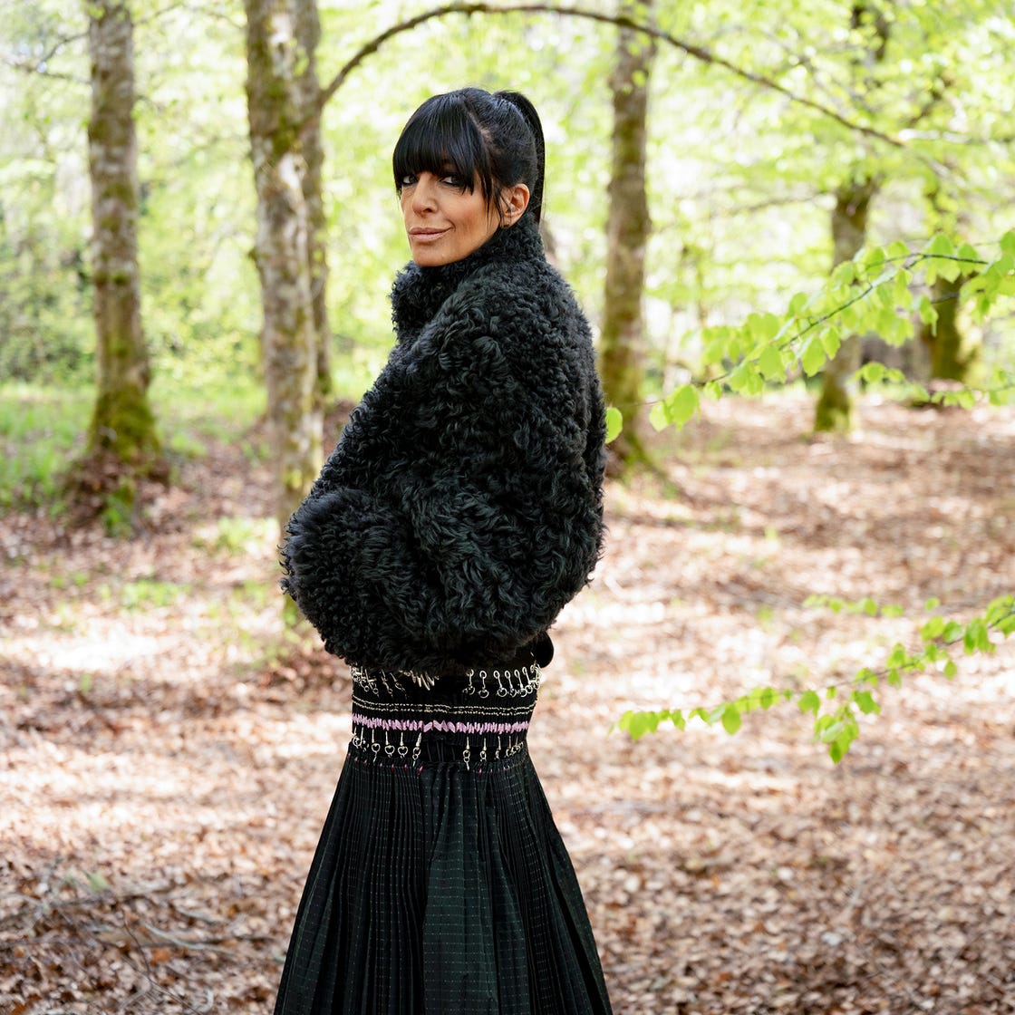Black Top with Textured Faux Fur Jacket and Pleated Skirt — Aesthetic Black Sweater Outfit