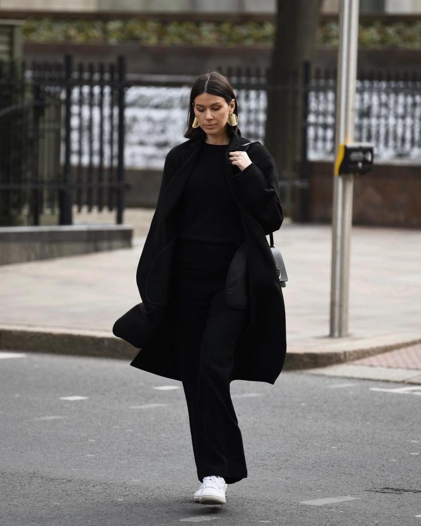 Black Sweater with Wide-Leg Trousers and Long Coat — Aesthetic Black Sweater Outfit