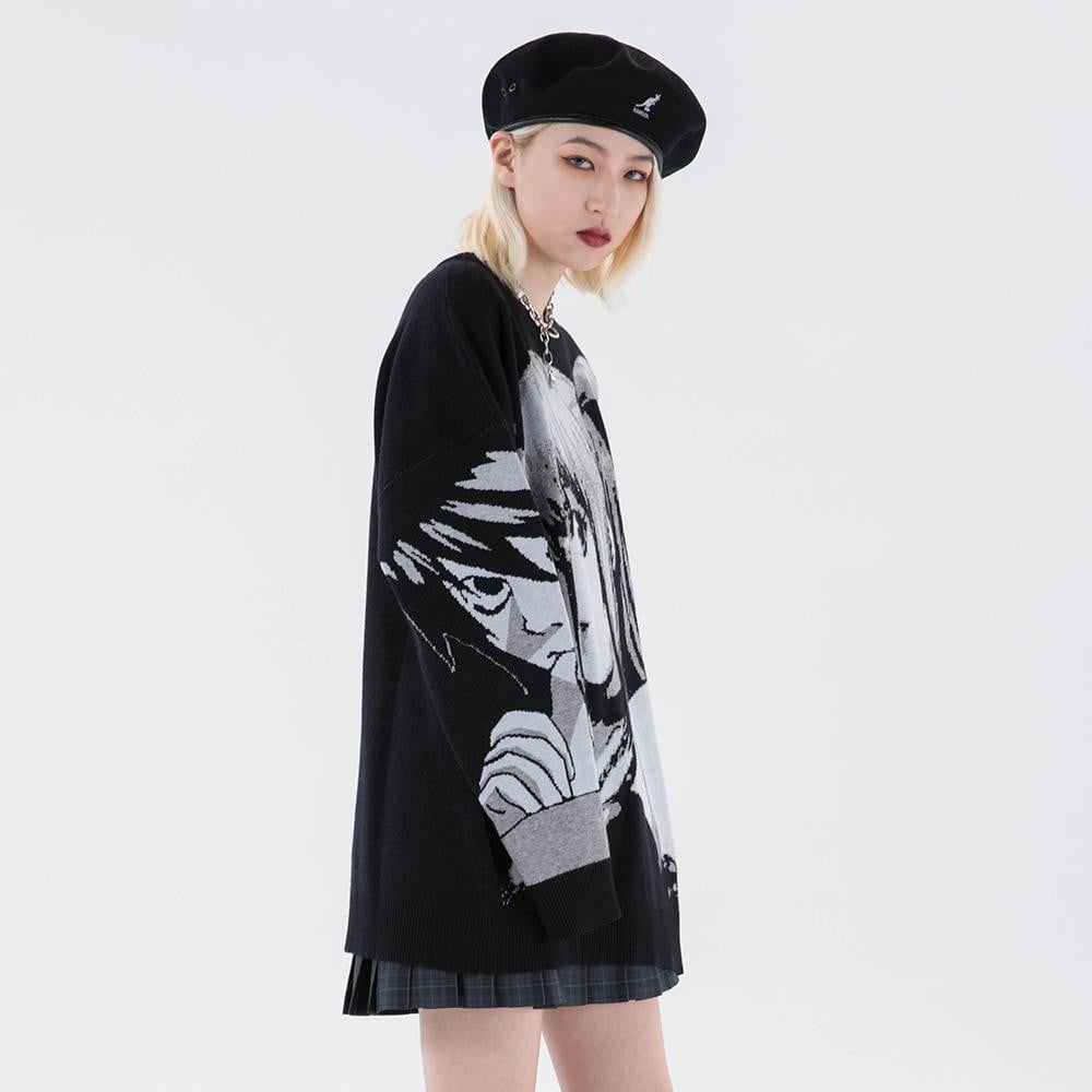 Oversized Black Sweater with Graphic Print and Grey Skirt — Aesthetic Black Sweater Outfit