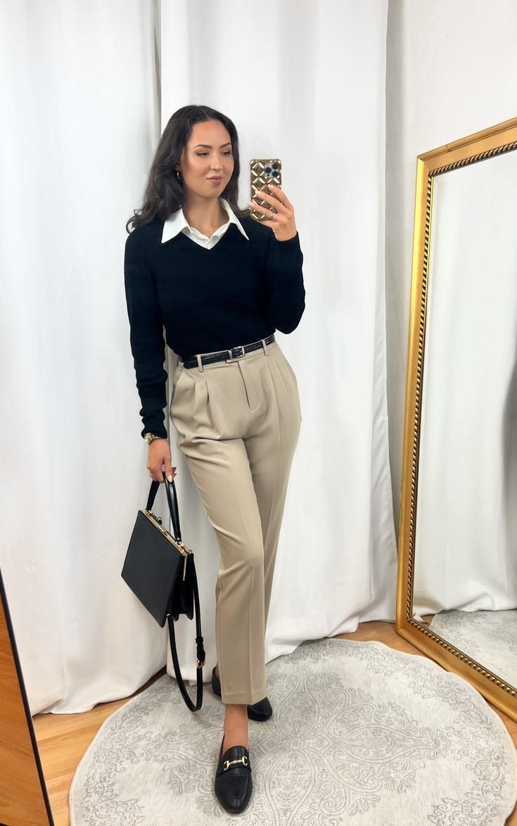 Black V-Neck Sweater Over White Shirt with Beige Trousers — Aesthetic Black Sweater Outfit