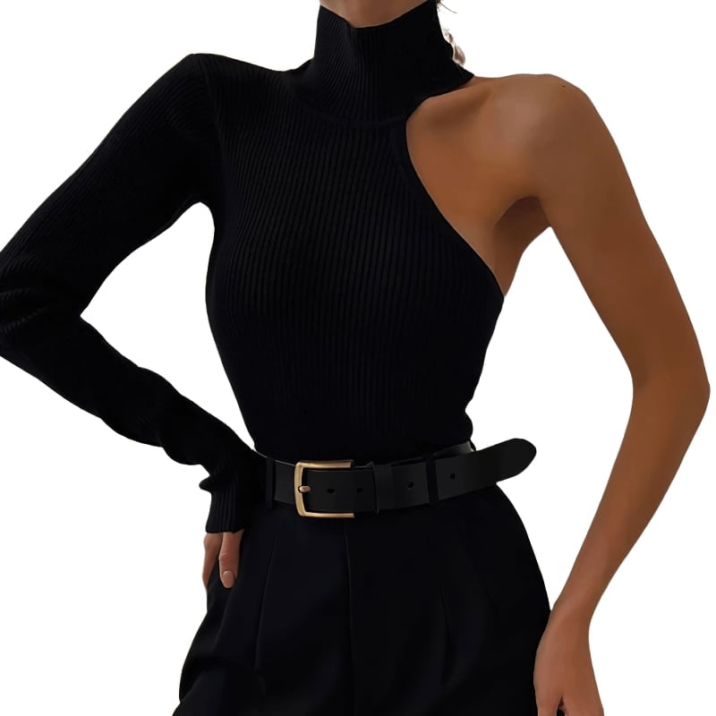 Fitted Black Turtleneck Bodysuit with Cut-Out Shoulder — Aesthetic Black Sweater Outfit