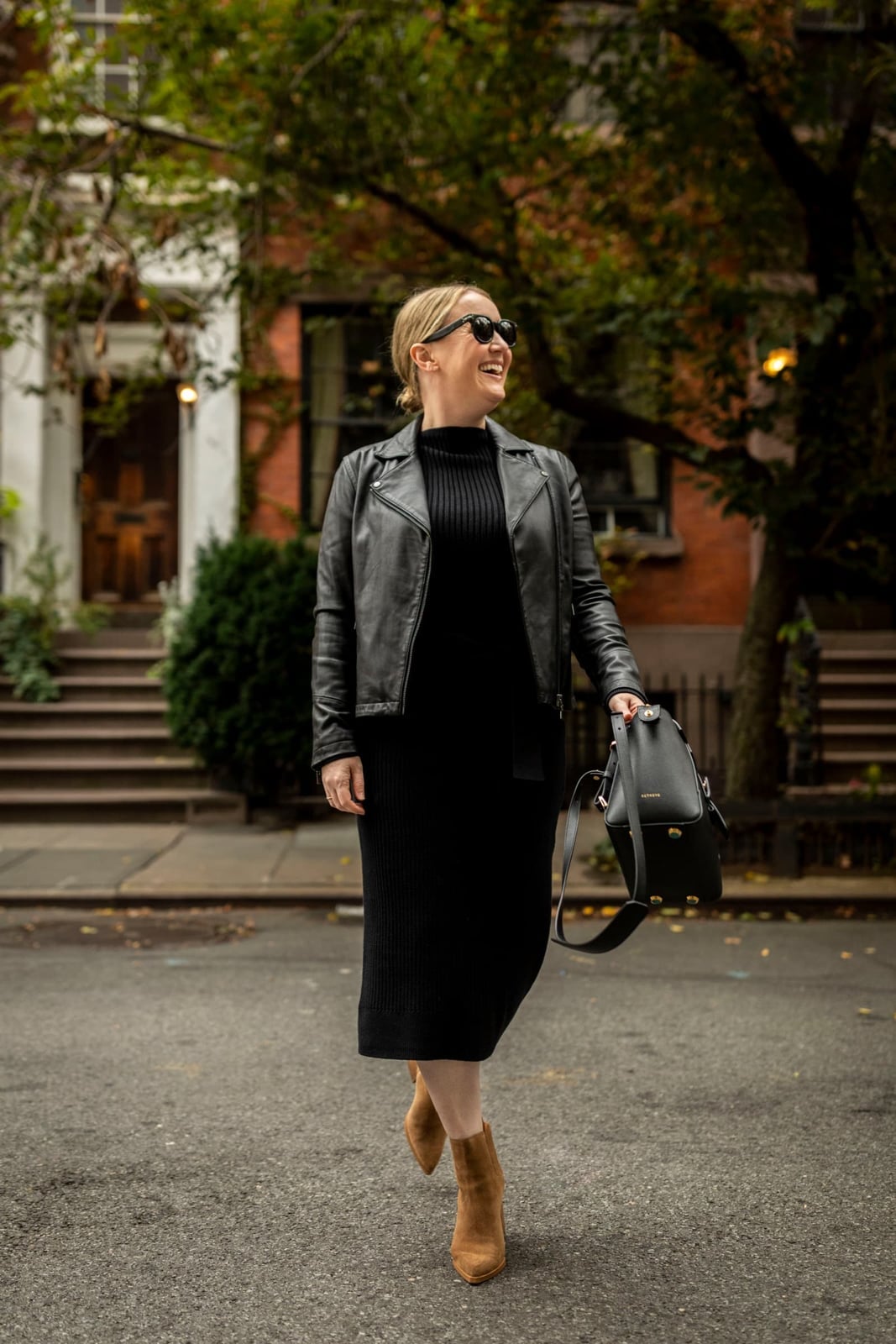 Black Ribbed Knit Dress with Leather Moto Jacket — Aesthetic Black Sweater Outfit