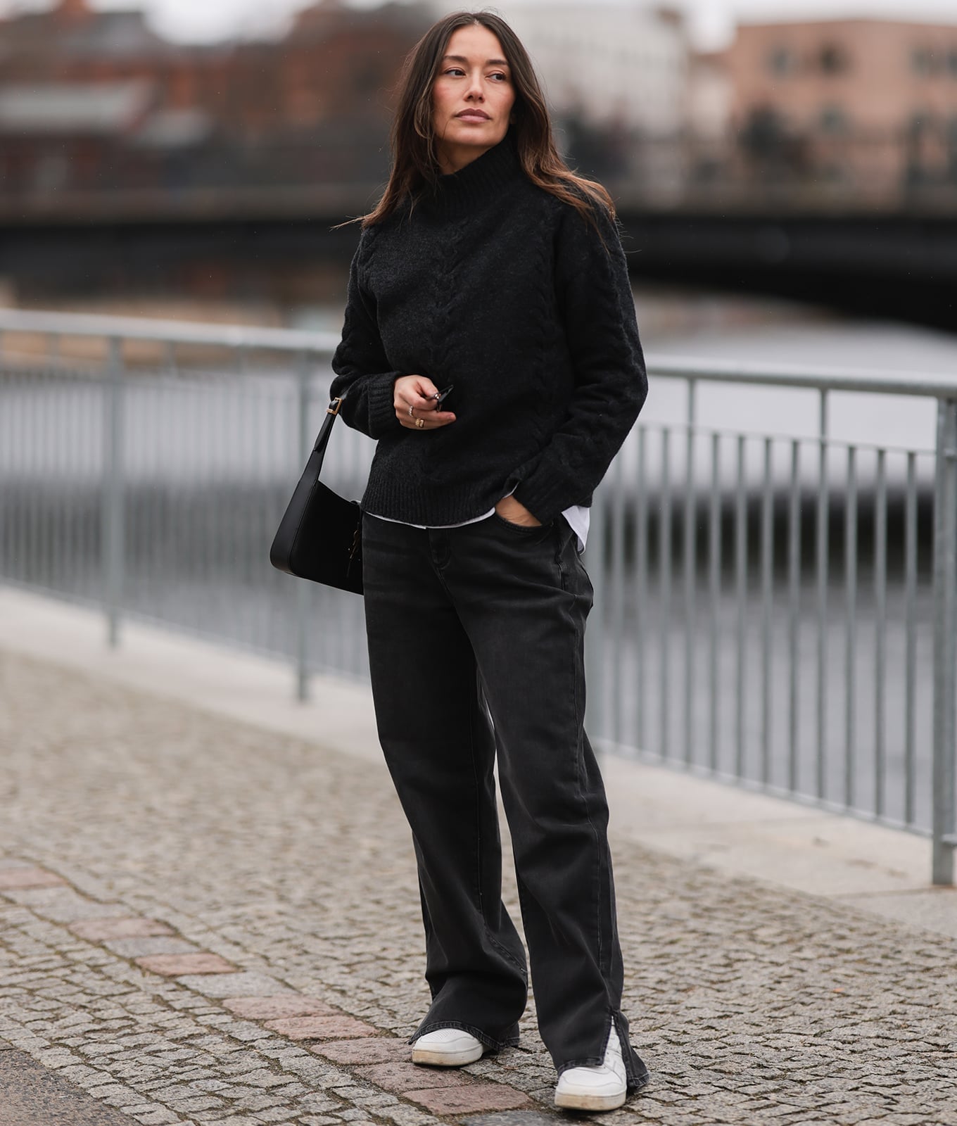 Chunky Cable Knit Sweater Over White Shirt with Wide-Leg Jeans — Aesthetic Black Sweater Outfit