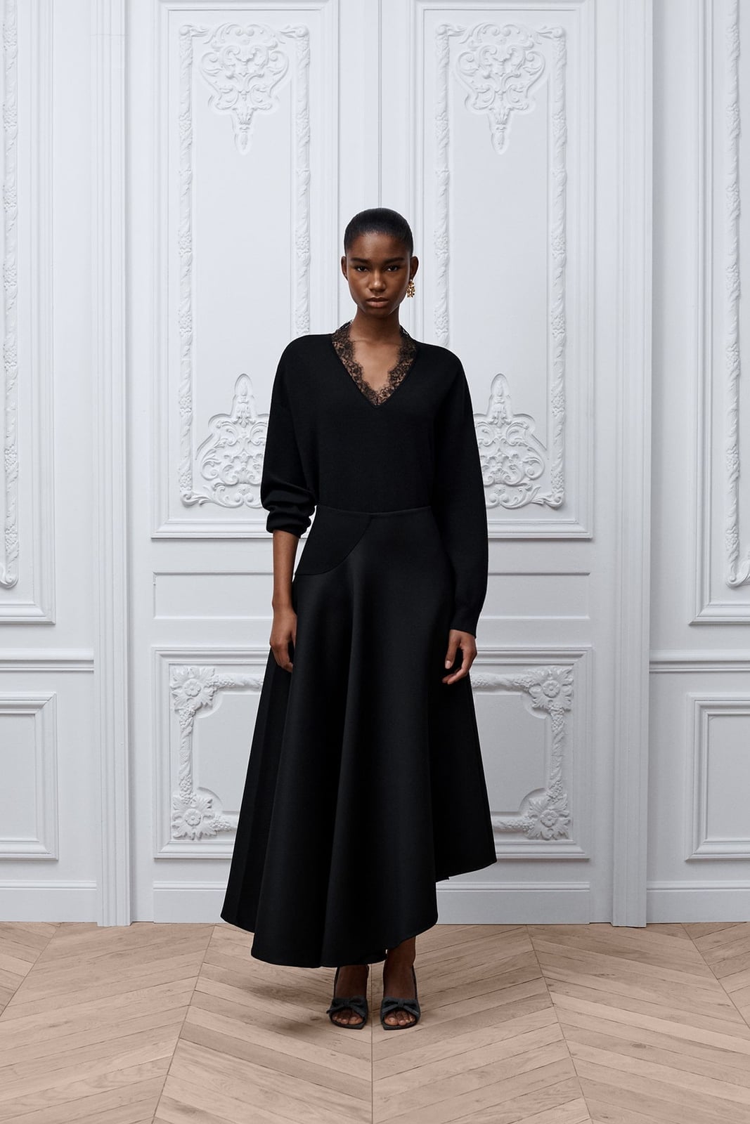 V-neck Sweater with Lace Trim and Asymmetric Skirt — Aesthetic Black Sweater Outfit
